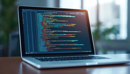 High-tech laptop displaying complex code snippets, web development tools, programmer s workspace