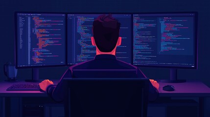 Programmer integrating API with website on a dual monitor setup, efficient web development process, advanced coding