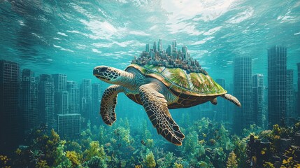 Obraz premium Sea Turtle Carrying City Under Water Surreal Cityscape Underwater World Ocean Fantasy Green Sea Turtle Underwater Cityscape