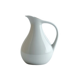 A white pitcher with a handle sits on a white background