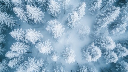 Aerial View of a Snowy Forest in Winter