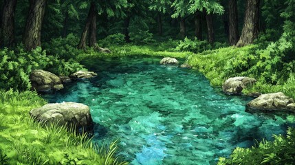 Naklejka premium Serene Forest Stream with Lush Greenery and Rocks