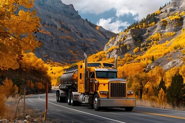 Obraz premium Truck on the road in the mountains with colorful autumn