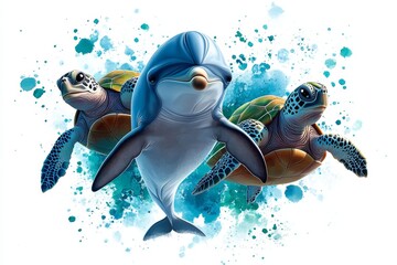 Obraz premium A playful dolphin and two sea turtles, swimming together with large, joyful eyes, surrounded by splashes of blue and green watercolor