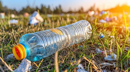 Fototapeta premium Plastic Water Bottle Litter in Grassy Field