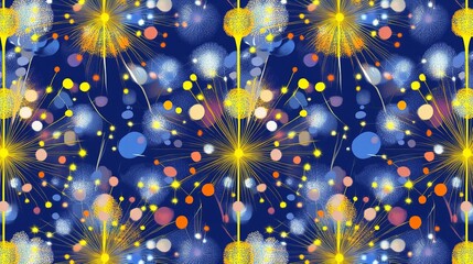 Abstract pattern of colorful dandelions on a dark blue background.