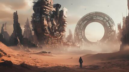 Transform a futuristic wasteland into a mesmerizing artwork through a surreal perspective. Futuristic Wasteland. Illustration