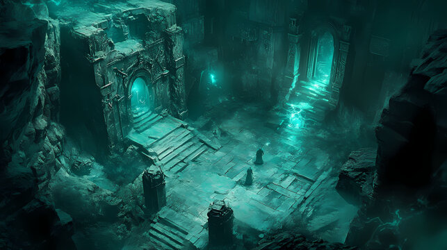 Underground dungeon, fantasy adventure tabletop role play game setting, dark and creepy background created with generative ai. Dungeon Explorer. Illustration