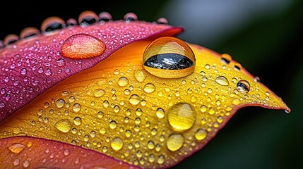 Obraz premium Dew Drops On Yellow And Red Flower Petals Macro Photography