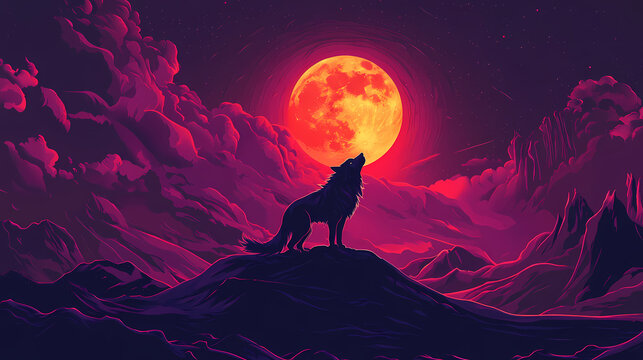 Vibrant werewolf transforming under a full moon: mesmerizing wolf howling at the moon vector illustration. Fenrir. Illustration