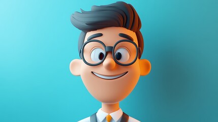 A Close-Up Portrait of a Smiling Cartoon Man with Glasses