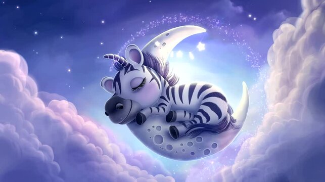 Fantasy illustration of a baby zebra unicorn peacefully sleeping on a crescent moon surrounded by stars and clouds. Seamless looping time-lapse video background