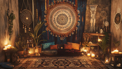 Obraz premium A collection of mandalas, dreamcatchers, and earthy tones, with intricate patterns and a warm, laid-back atmosphere