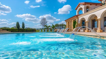 Fototapeta premium Swimming pool in a luxury villa on sunny day with blue sky
