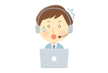 パソコンの前で驚いているオペレーターの男性
