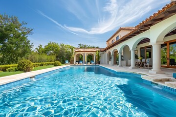 Swimming pool in a luxury villa on sunny day with blue sky