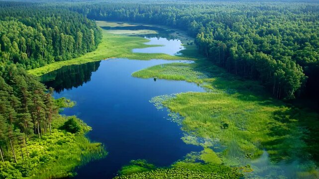 arial view of a lake in the middle of a green forest