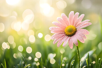 a Romantic and elegant artistic scene featuring a beautiful pink daisy in a summer morning, with dew on the grass in close-up.