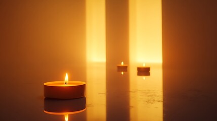 A Single Candle Burning with Reflections in a Warm and Smoky Room
