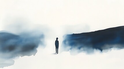 A Single Silhouette Standing Between Two Blue Mountains