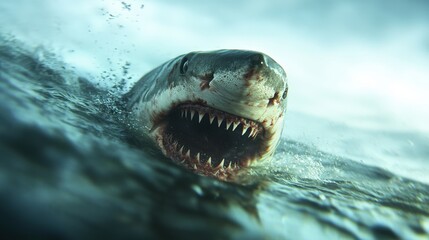 Naklejka premium Great White Shark Close up Underwater with Open Mouth and Sharp Teeth