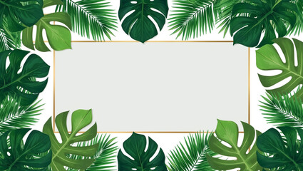 This tropical background features lush green monstera and palm leaves arranged around the edges, with a blank white center, creating a modern and vibrant nature-inspired design.