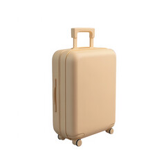 A tan suitcase with wheels sits on a white background