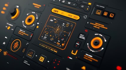 Futuristic Interface Design with Glowing Orange Buttons and Display
