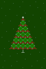 Traditional red green knit style Christmas tree Raster Poster. Retro Holiday fir tree with nordic star and bows motif.
