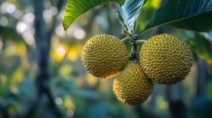 Breadfruit hanging a branch in a lush tropical forest with the bright green fruit in focus while the surrounding palm trees and jungle scenery are softly blurred Scientific name Artocarpus altilis