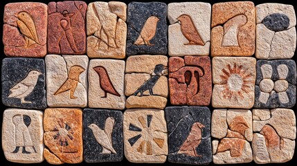 Obraz premium Ancient Egyptian Hieroglyphics Stone Carving Wall Pattern