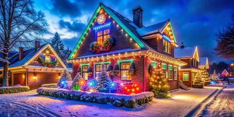 Obraz premium Brightly Lit Christmas House Decorations with Colorful Lights Shining in the Festive Winter Night