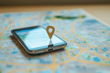 Geofencing and location-based marketing concept with a digital map, location pin, and mobile device