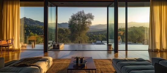Modern bedroom with panoramic view of nature