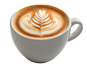 A white coffee cup with a heart shaped design on it