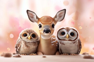 Obraz premium A sweet deer fawn and two little owls, snuggling close with large, innocent eyes, with watercolor splashes in soft pinks and browns behind them