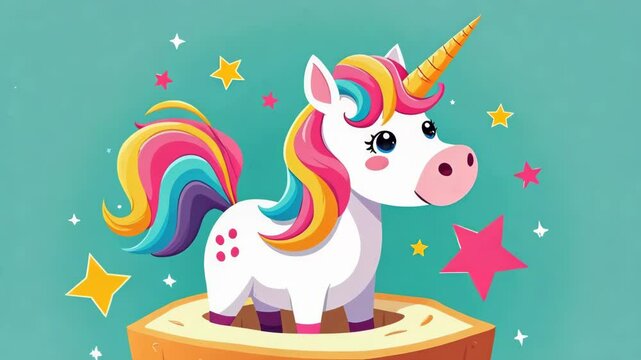 Colorful unicorn emerging from sliced bread on turquoise background. Rainbow mane, golden horn, stars. Playful, magical atmosphere. Flat 2D style, vibrant colors. Whimsical food art concept.	