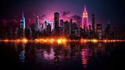 Obraz premium Night City Skyline with Water Reflection and Neon Lights