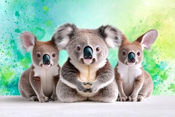 A sweet koala and two kangaroos, sitting together with wide, innocent eyes, against a background of soft green and blue watercolor splashes