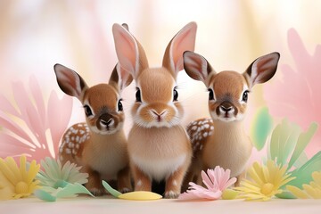 A sweet little rabbit and two deer fawns, with wide, gentle eyes, surrounded by soft pastel splashes of pink, green, and yellow