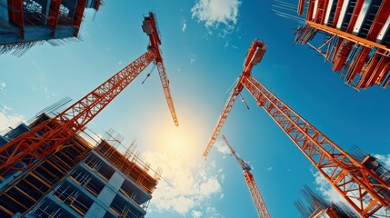 Low-angle shot of a building under construction with cranes above