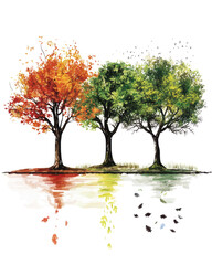 Colorful trees reflecting in water, artistic illustration.