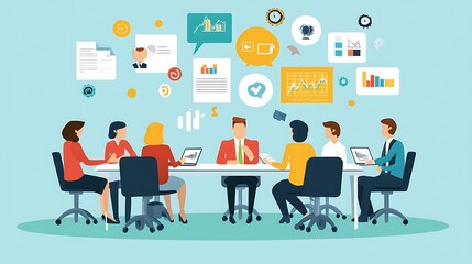 Business Team Meeting with Data and Charts on Blue Background