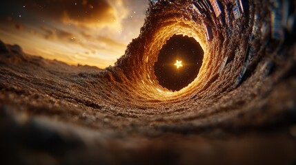 Golden Wave Tunnel Leading to a Starry Night Sky