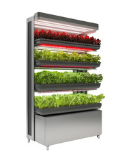 Vertical hydroponic garden with vibrant green lettuce varieties