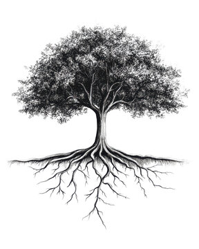 Artistic tree illustration with intricate roots on white background.