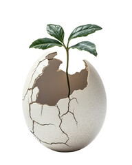 A sprouting plant emerging from a cracked egg shell.