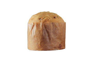 Panettone traditional Italian Christmas dessert made with raisins, candied fruits isolated on white background