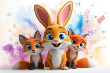 A vibrant illustration of a fluffy bunny and two playful foxes with large, sparkling eyes, sitting together against a background of pastel watercolor splashes