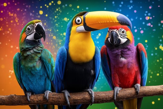A vibrant toucan and two colorful parrots with exaggerated eyes, perched together with a backdrop of tropical watercolor splashes in vivid hues